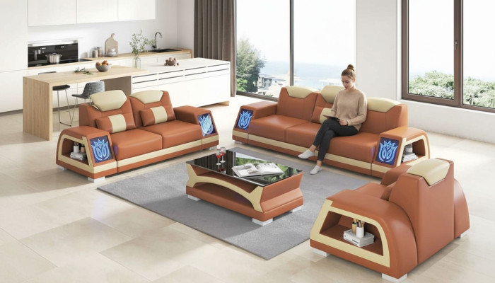 Ensemble de canapé en cuir marron 3 pièces