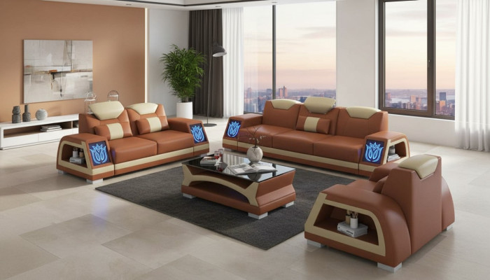 Ensemble de canapé en cuir marron 3 pièces