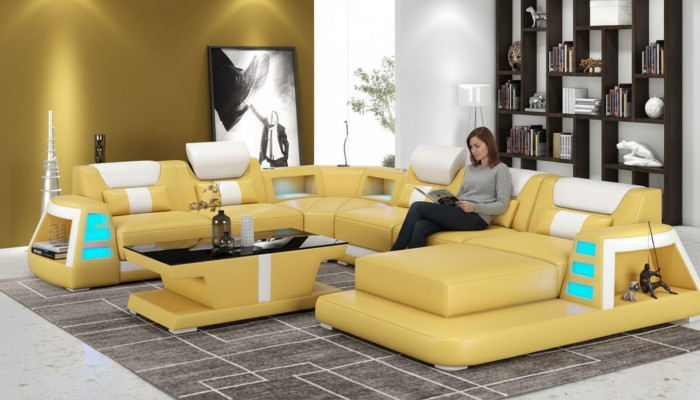 Canapé Canapé d'angle contemporain en forme de U Jaune Paysage vivant Canapé en cuir Sofa