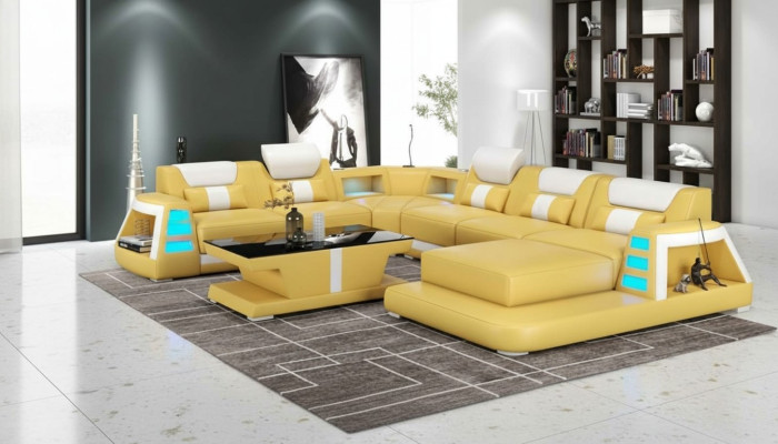Canapé Canapé d'angle contemporain en forme de U Jaune Paysage vivant Canapé en cuir Sofa