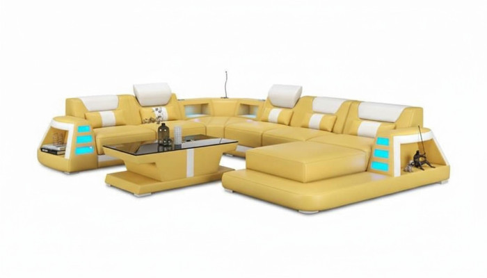 Canapé Canapé d'angle contemporain en forme de U Jaune Paysage vivant Canapé en cuir Sofa