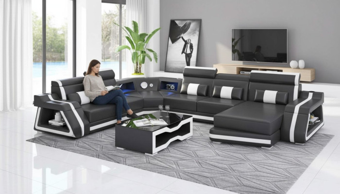 Grand canapé d'angle Canapé XXL en forme de U en cuir Canapé noir Sofas de vie en forme de paysage