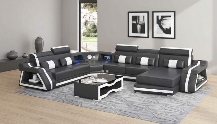 Grand canapé d'angle Canapé XXL en forme de U en cuir Canapé noir Sofas de vie en forme de paysage