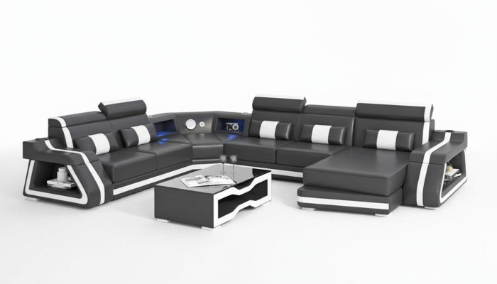 Grand canapé d'angle Canapé XXL en forme de U en cuir Canapé noir Sofas de vie en forme de paysage