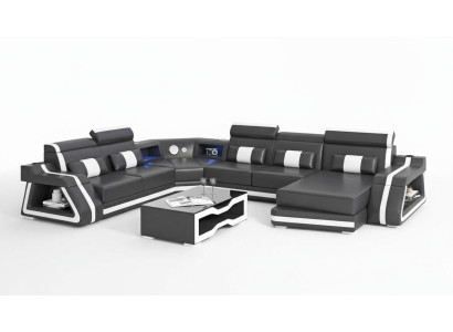 Grand canapé d'angle Canapé XXL en forme de U en cuir Canapé noir Sofas de vie en forme de paysage