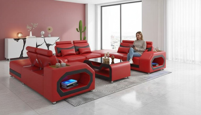 Design Living Landschaft Großes Sofa XXL U-Form Ecksofa Ledersofa Rot LED
