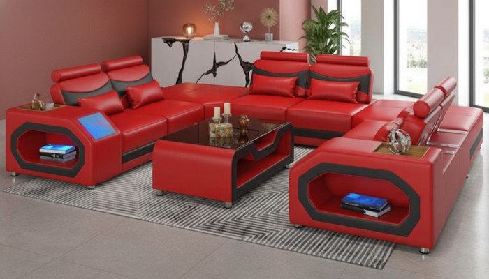 Design Living Landschaft Großes Sofa XXL U-Form Ecksofa Ledersofa Rot LED