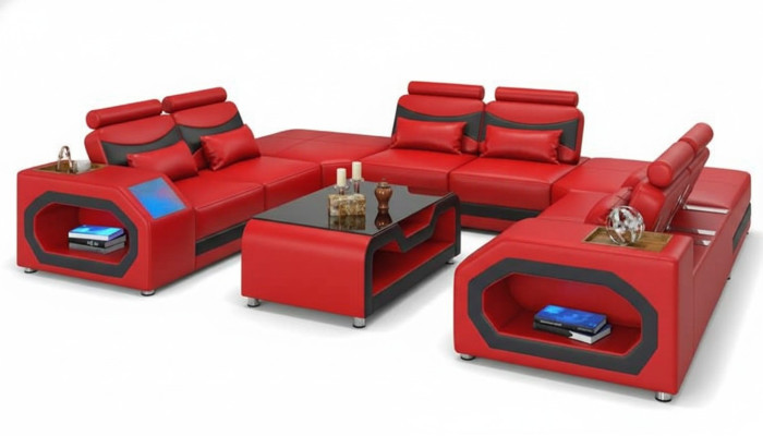 Design Living Landschaft Großes Sofa XXL U-Form Ecksofa Ledersofa Rot LED