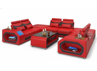 Design Living Landschaft Großes Sofa XXL U-Form Ecksofa Ledersofa Rot LED