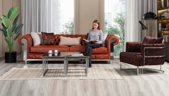Set de canapé Chesterfield en simili cuir, canapé trois places marron avec couches