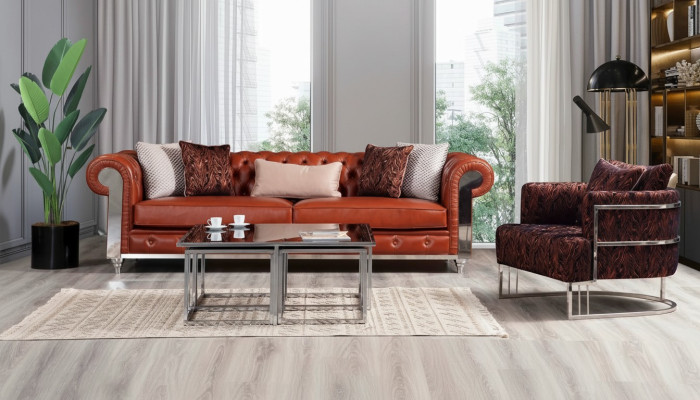 Set de canapé Chesterfield en simili cuir, canapé trois places marron avec couches