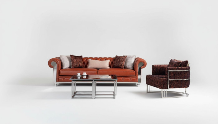 Set de canapé Chesterfield en simili cuir, canapé trois places marron avec couches