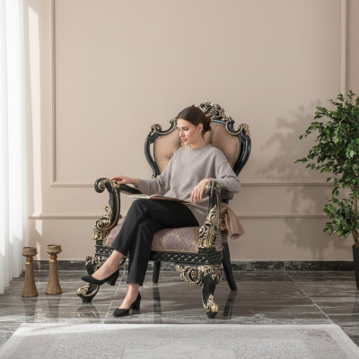 Fauteuil beige Fauteuil à ailes Baroque Siège Polyester Tissu Salon