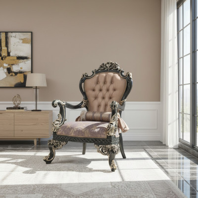 Fauteuil beige Fauteuil à ailes Baroque Siège Polyester Tissu Salon