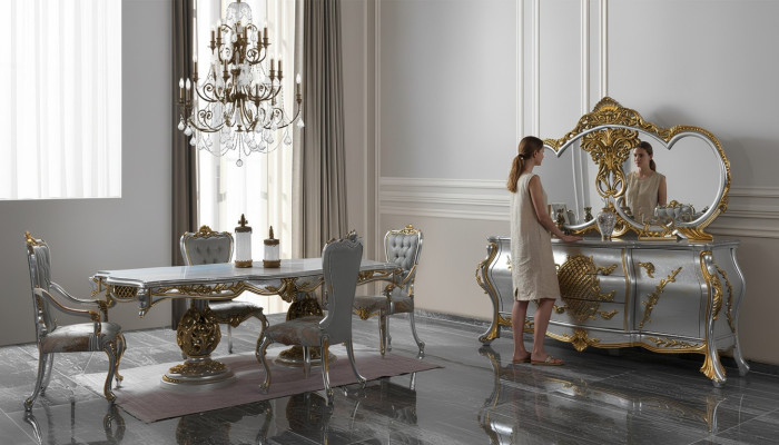 Salle à manger Ensemble Table à manger Chaises Bois Set 9 pièces Gris Baroque