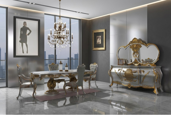 Salle à manger Ensemble Table à manger Chaises Bois Set 9 pièces Gris Baroque