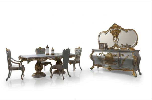 Salle à manger Ensemble Table à manger Chaises Bois Set 9 pièces Gris Baroque