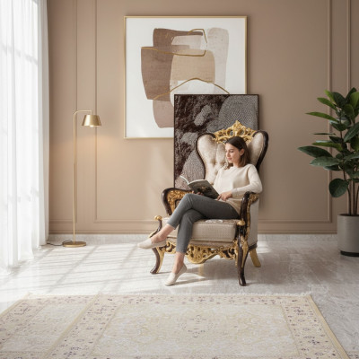 Fauteuil Wing Beige Baroque en Tissu Polyester pour Salon