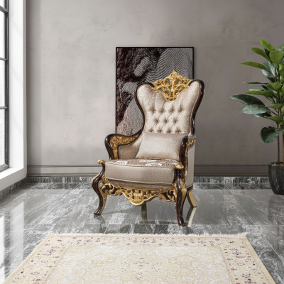 Fauteuil Wing Beige Baroque en Tissu Polyester pour Salon