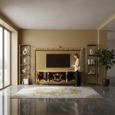 Meuble TV en bois doré, buffet bas, meuble TV, table basse de salon de luxe