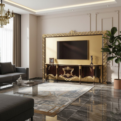Meuble TV en bois doré, buffet bas, meuble TV, table basse de salon de luxe