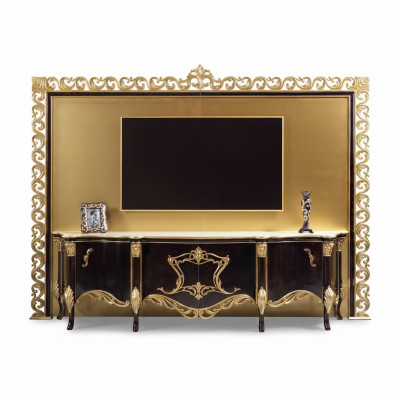 Meuble TV en bois doré, buffet bas, meuble TV, table basse de salon de luxe