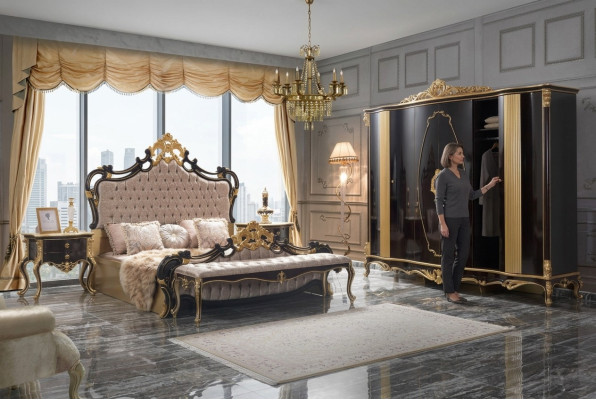 Ensemble de chambre de luxe Chesterfield, lit lit double 5 pièces noir