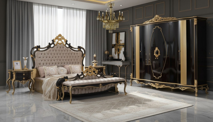 Ensemble de chambre de luxe Chesterfield, lit lit double 5 pièces noir