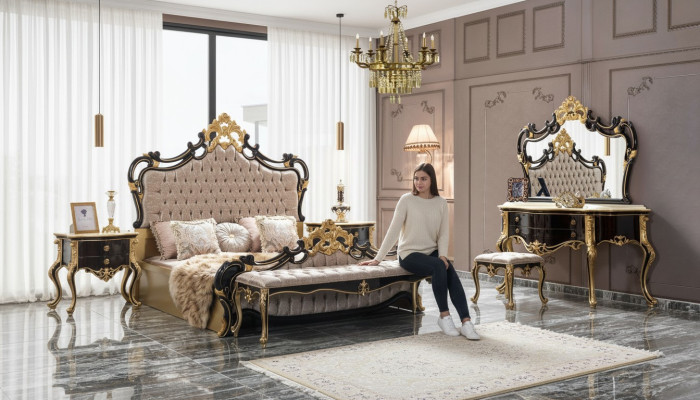 Lit double Suite Chesterfield Chambre de luxe Lit 6 pièces Lits noirs