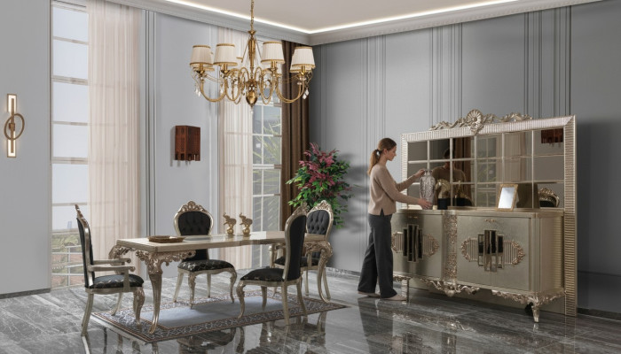 Ensemble de salle à manger de luxe Buffet Salle à manger Table de salle à manger Chaises Bois 10 pièces Beige
