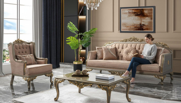 Canapé Chesterfield ensemble Trois places Fauteuil en tissu Table basse Beige nouveau
