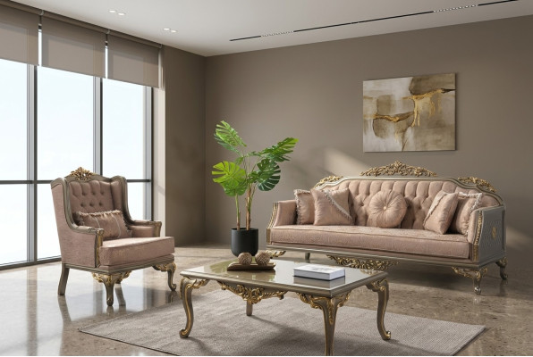 Canapé Chesterfield ensemble Trois places Fauteuil en tissu Table basse Beige nouveau