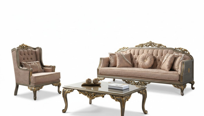 Canapé Chesterfield ensemble Trois places Fauteuil en tissu Table basse Beige nouveau