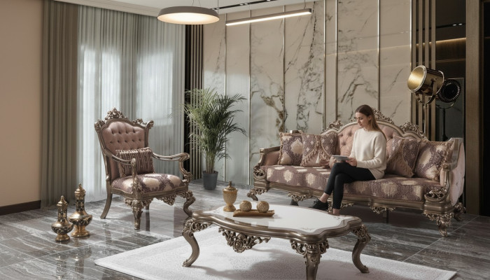 Canapé rembourré Chesterfield Ensemble de canapés Ensemble de canapés en tissu Beige Canapé ensemble