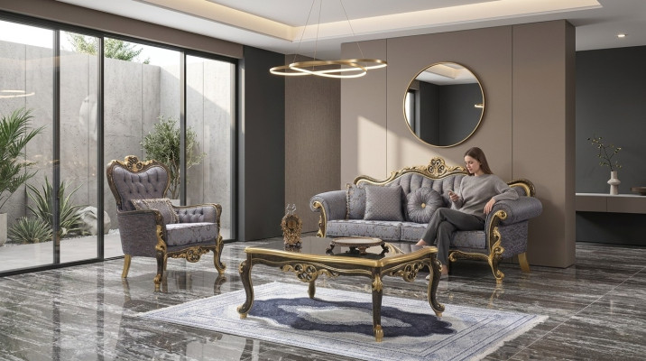 Ensemble de canapés Chesterfield, canapé bleu rembourré à trois places avec fauteuil assorti