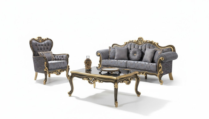 Ensemble de canapés Chesterfield, canapé bleu rembourré à trois places avec fauteuil assorti
