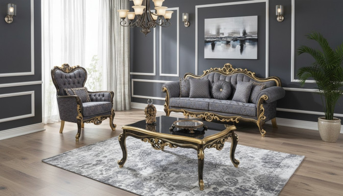 Ensemble de canapés Chesterfield bleu trois places avec fauteuil assorti.