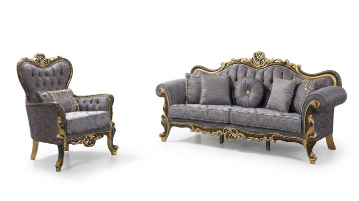 Ensemble de canapés Chesterfield bleu trois places avec fauteuil assorti.