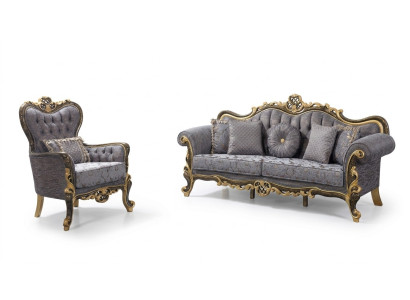 Ensemble de canapés Chesterfield bleu trois places avec fauteuil assorti.
