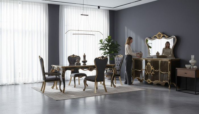 Salle à manger Ensemble de salle à manger de luxe Buffet Table à manger Chaises Bois 10 pièces Marron