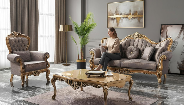 Canapé Chesterfield en tissu gris Trois places Fauteuil Table basse