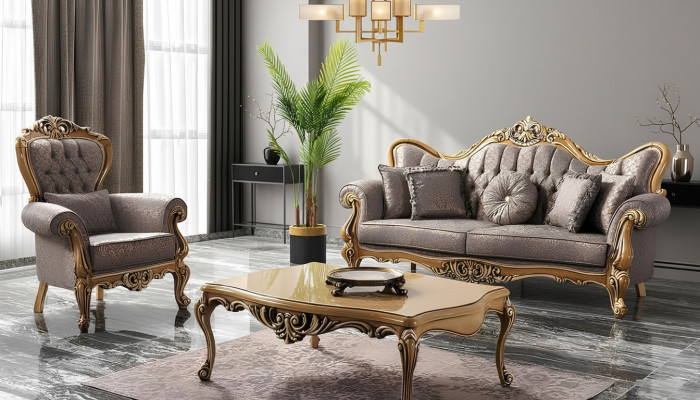 Canapé Chesterfield en tissu gris Trois places Fauteuil Table basse