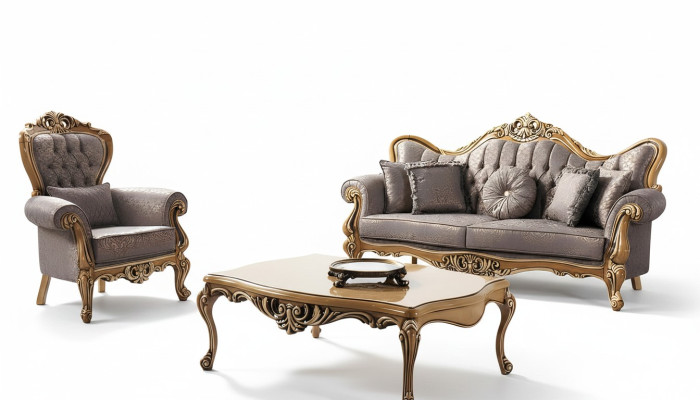 Canapé Chesterfield en tissu gris Trois places Fauteuil Table basse