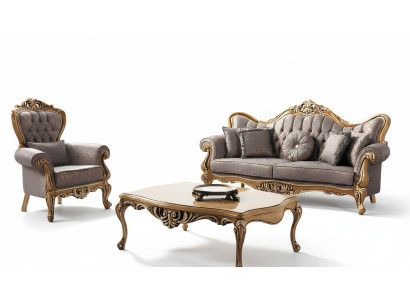 Canapé Chesterfield en tissu gris Trois places Fauteuil Table basse