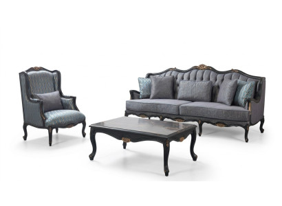 Canapé Chesterfield ensemble Trois places Fauteuil Tissu Table basse Bleu neuf