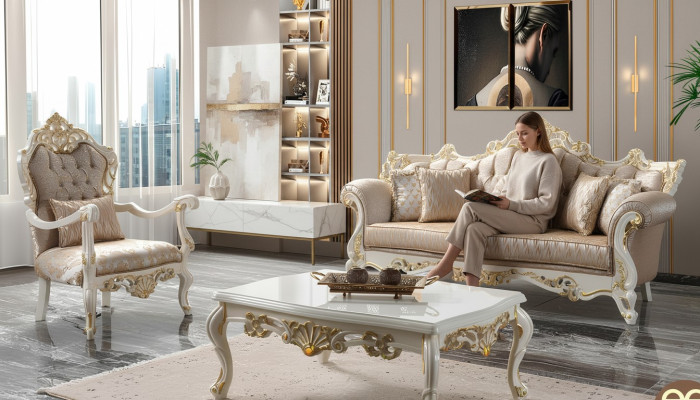 Ensemble de canapé de luxe Canapé rembourré Chesterfield Canapé en tissu beige