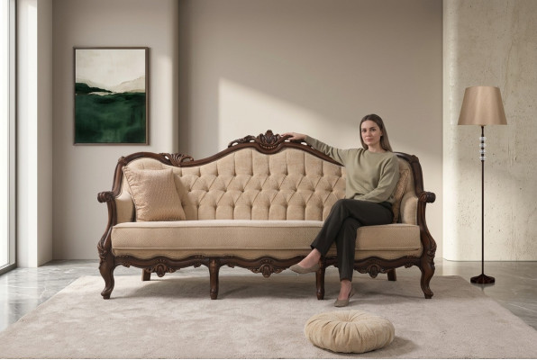 Canapé trois places Canapé en tissu à 3 places Canapé rembourré en tissu beige Chesterfield 235cm