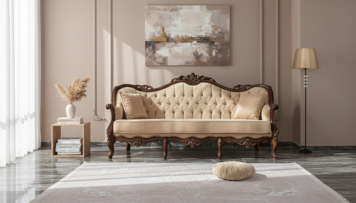 Canapé trois places Canapé en tissu à 3 places Canapé rembourré en tissu beige Chesterfield 235cm