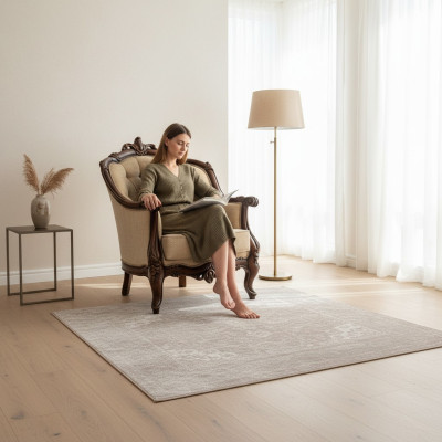 Fauteuil à oreilles Siège Seater Tissu Beige Polyester Bois Salon Baroque