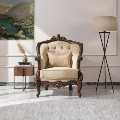 Fauteuil à oreilles Siège Seater Tissu Beige Polyester Bois Salon Baroque